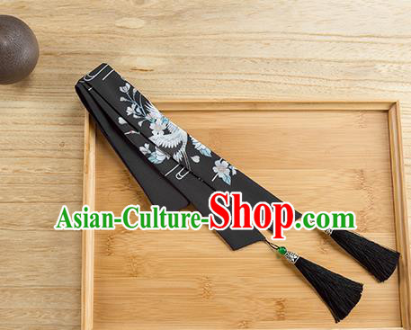 Traditional Chinese Ancient Hanfu Hair Accessories, Asian China Han Dynasty Princess Hair Clasp Printing Black Tassel Silk Headband