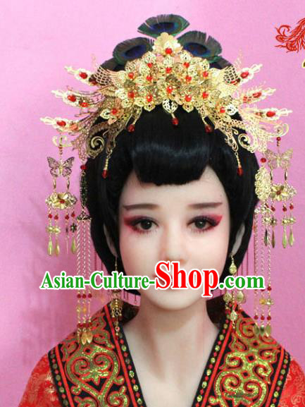 Traditional Handmade Chinese Hair Accessories Palace Lady Tassel Golden Phoenix Coronet Complete Set, Xiuhe Suit Step Shake Hairpins for Women