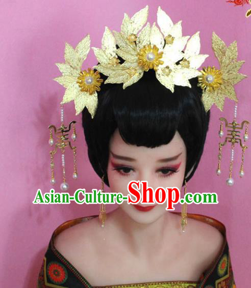 Traditional Handmade Chinese Hair Accessories Palace Lady Golden Lotus Phoenix Coronet Complete Set, Xiuhe Suit Princess Step Shake Hairpins for Women