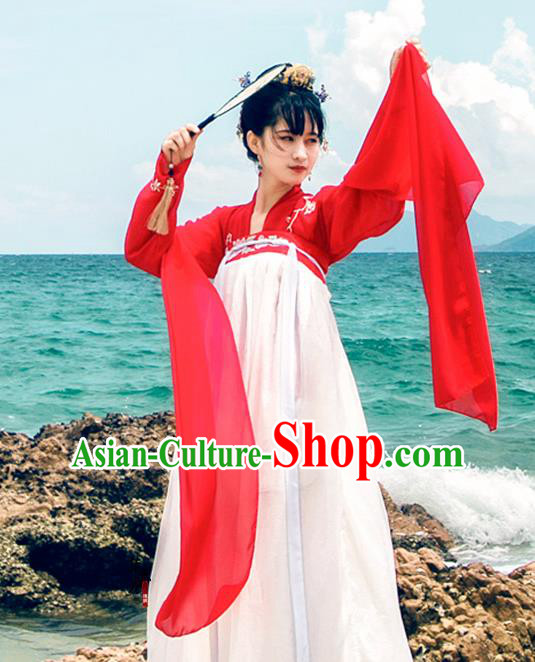 Traditional Chinese Ancient Palace Lady Costume, Asian China Tang Dynasty Princess Embroidered Red Blouse Dress Clothing for Women