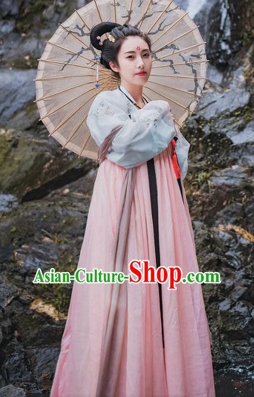 Traditional Chinese Ancient Palace Lady Costume, Asian China Tang Dynasty Princess Embroidered Pink Dress Clothing for Women