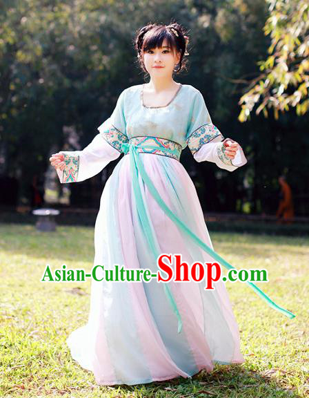 Traditional Chinese Ancient Palace Lady Costume, Asian China Tang Dynasty Princess Embroidered Half-Sleeves Dress Clothing for Women