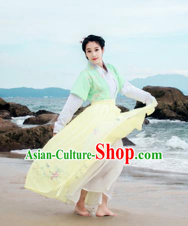 Traditional Chinese Ancient Palace Lady Costume, Asian China Tang Dynasty Princess Embroidered Half-Sleeves Slip Skirts Clothing for Women