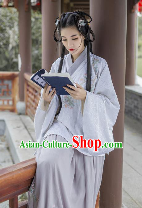 Traditional Chinese Ancient Palace Lady Costume, Asian China Ming Dynasty Princess Embroidered Purple Blouse and Slip Skirts for Women