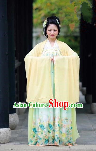 Traditional Chinese Ancient Palace Lady Costume, Asian China Tang Dynasty Princess Embroidered Wide Sleeve Yellow Cardigan for Women