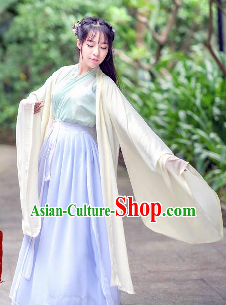 Traditional Chinese Ancient Palace Lady Costume, Asian China Tang Dynasty Princess Embroidered Wide Sleeve White Cardigan for Women