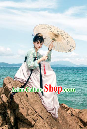 Traditional Chinese Ancient Palace Lady Costume, Asian China Tang Dynasty Princess Embroidered Green Blouse and Pink Slip Skirt for Women