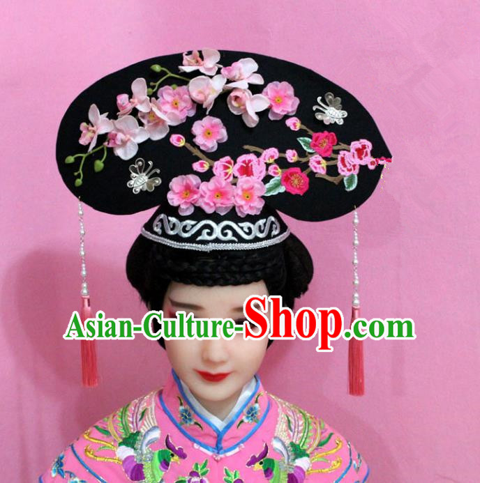 Traditional Handmade Chinese Hair Accessories Qing Dynasty Palace Lady Pink Plum Blossom Headwear, Manchu Imperial Concubine Hairpins for Women