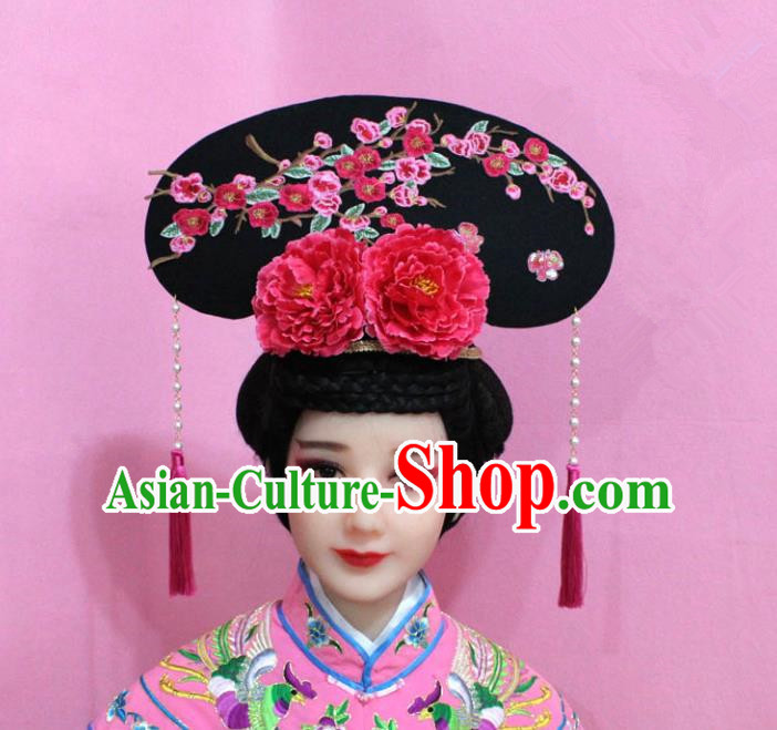Traditional Handmade Chinese Hair Accessories Qing Dynasty Palace Lady Red Plum Blossom Headwear, Manchu Imperial Concubine Hairpins for Women