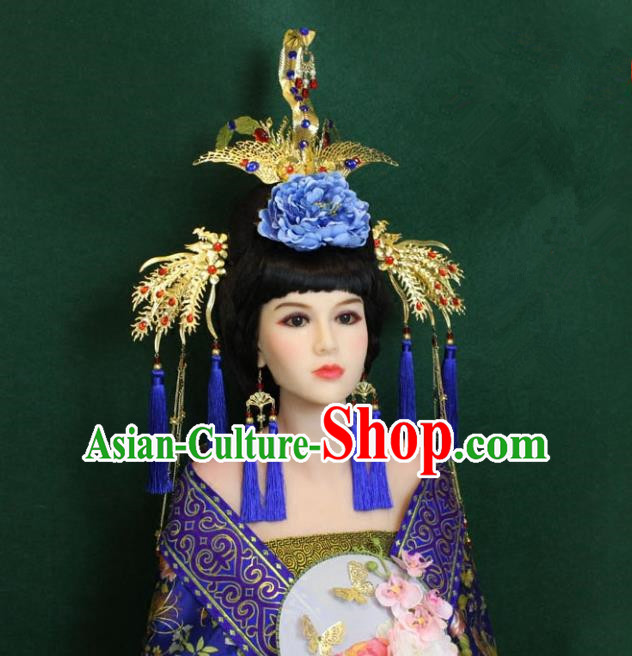 Traditional Handmade Chinese Hair Accessories Empress Blue Tassel Phoenix Coronet, Tang Dynasty Princess Hairpins Headwear for Women