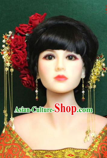 Traditional Handmade Chinese Hair Accessories Empress Red Rose Hair Stick, Tang Dynasty Princess Step Shake Hairpins for Women