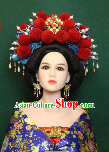 Traditional Handmade Chinese Hair Accessories Empress Red Venonat Phoenix Coronet, Tang Dynasty Princess Headwear for Women