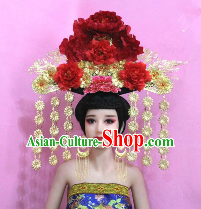 Traditional Handmade Chinese Hair Accessories Qing Dynasty Empress Banners Luxury Peony Headwear, Manchu Imperial Concubine Hairpins for Women