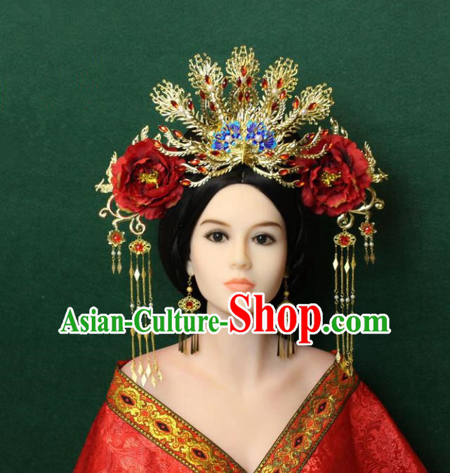 Traditional Handmade Chinese Hair Accessories Tang Dynasty Empress Red Peony Hairpins Complete Set, China Palace Phoenix Coronet Step Shake Headwear for Women