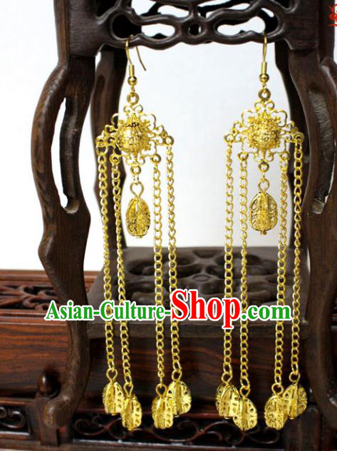 Traditional Handmade Chinese Accessories Tang Dynasty Empress Tassel Golden Earrings for Women