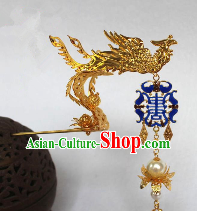 Traditional Handmade Chinese Hair Accessories Empress Dragon Blueing Hairpins, Tang Dynasty Palace Lady Tassel Step Shake for Women