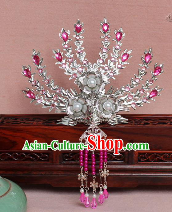 Traditional Handmade Chinese Hair Accessories Princess Rosy Crystal Phoenix Hairpins, Tang Dynasty Palace Lady Tassel Frontlet Step Shake for Women