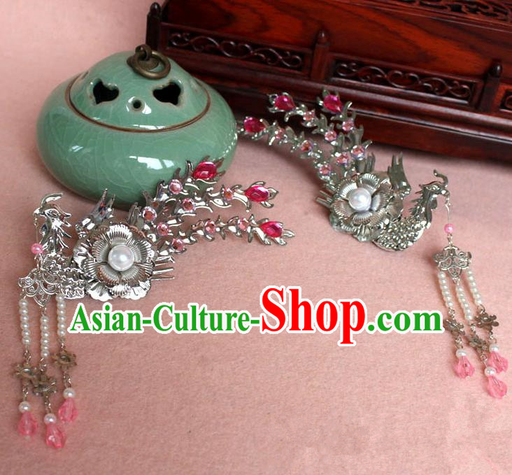 Traditional Handmade Chinese Hair Accessories Princess Pink Phoenix Hairpins, Tang Dynasty Palace Lady Tassel Step Shake for Women