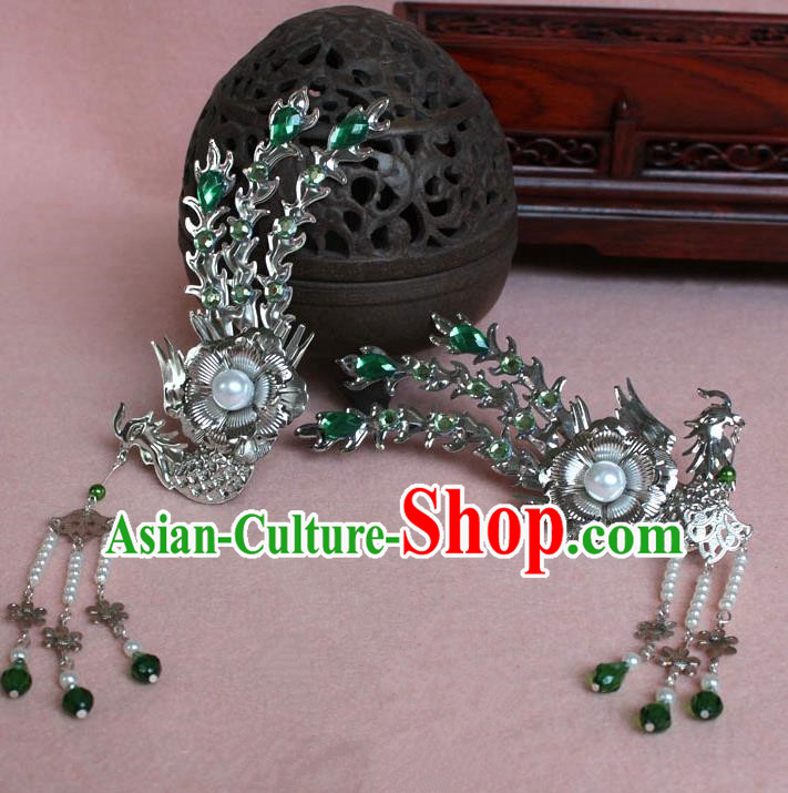 Traditional Handmade Chinese Hair Accessories Princess Green Phoenix Hairpins, Tang Dynasty Palace Lady Tassel Step Shake for Women