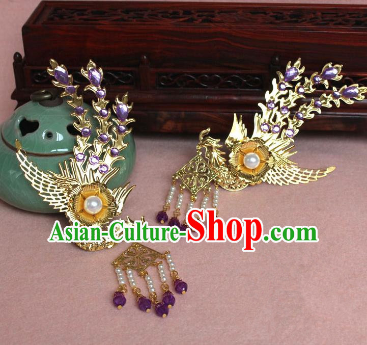 Traditional Handmade Chinese Hair Accessories Princess Golden Phoenix Hairpins, Ming Dynasty Palace Lady Purple Tassel Step Shake Frontlet for Women