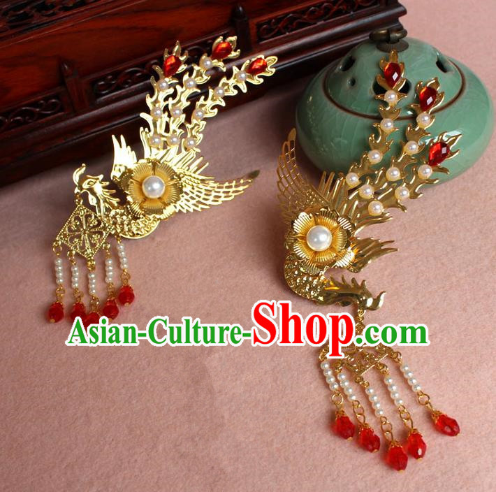 Traditional Handmade Chinese Hair Accessories Princess Golden Phoenix Hairpins, Ming Dynasty Palace Lady Red Tassel Step Shake Frontlet for Women