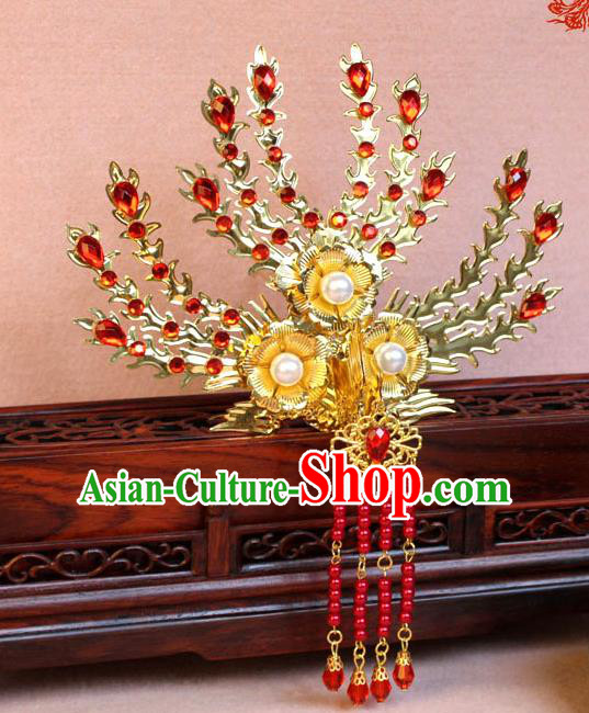 Traditional Handmade Chinese Hair Accessories Princess Golden Phoenix Frontlet Hairpins, Ming Dynasty Palace Lady Red Tassel Step Shake for Women