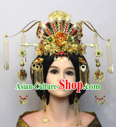 Traditional Handmade Chinese Hair Accessories Tang Dynasty Empress Phoenix Coronet Complete Set, China Palace Lady Hairpins Tassel Step Shake for Women