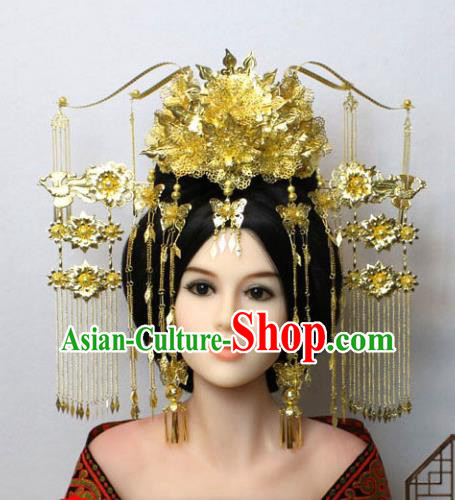 Traditional Handmade Chinese Hair Accessories Tang Dynasty Empress Golden Phoenix Coronet Complete Set, China Palace Lady Hairpins Tassel Step Shake for Women