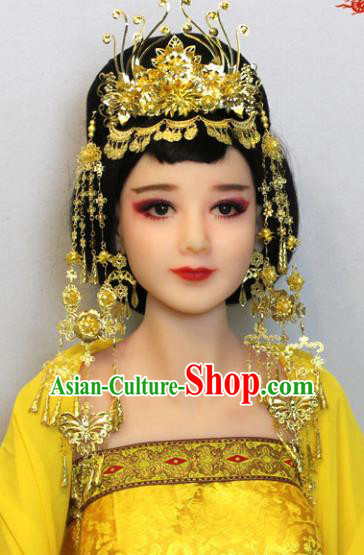 Traditional Handmade Chinese Hair Accessories Tang Dynasty Princess Golden Phoenix Coronet Complete Set, China Palace Lady Hairpins Tassel Step Shake for Women