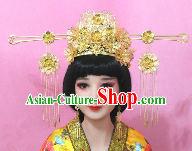 Traditional Handmade Chinese Hair Accessories Empress Golden Phoenix Coronet Complete Set, China Imperial Queen Tassel Step Shake Hairpins for Women