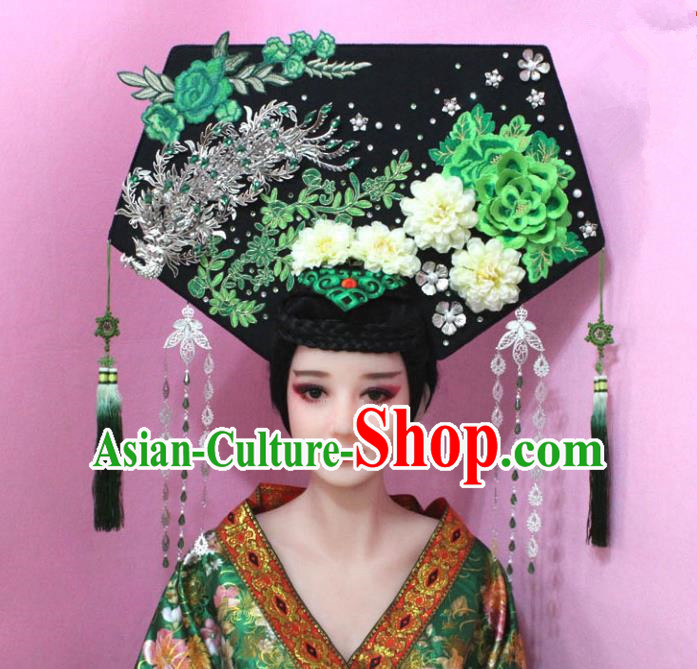 Traditional Handmade Chinese Hair Accessories Qing Dynasty Empress Banners Tassel Phoenix Green Headwear, Manchu Imperial Concubine Hairpins for Women