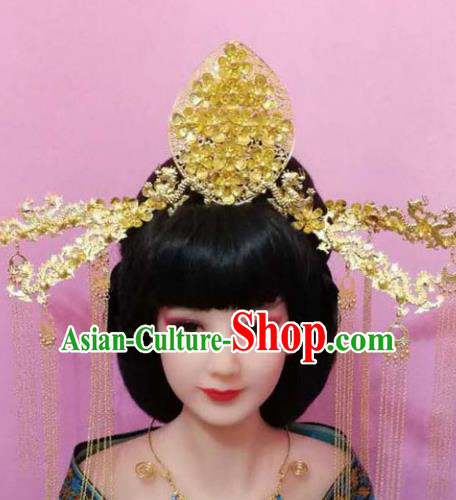 Traditional Handmade Chinese Hair Accessories Empress Golden Phoenix Coronet, China Tang Dynasty Hairpins Tassel Step Shake Complete Set for Women