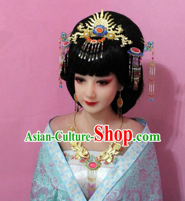 Traditional Handmade Chinese Hair Accessories Empress Cloisonne Phoenix Step Shake, China Tang Dynasty Hairpins Complete Set for Women
