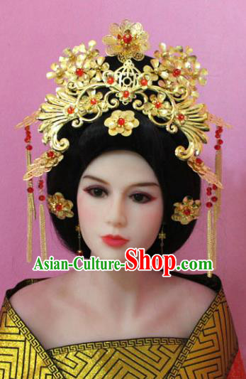 Traditional Handmade Chinese Hair Accessories Empress Golden Phoenix Coronet, China Tang Dynasty Queen Hairpins Complete Set for Women