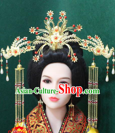 Traditional Handmade Chinese Hair Accessories Phoenix Coronet Complete Set, China Han Dynasty Phoenix Tassel Hairpins for Women