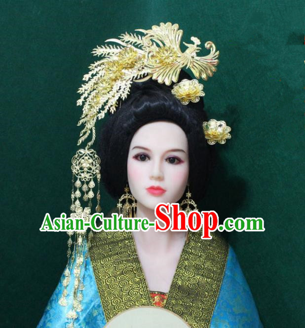 Traditional Handmade Chinese Hair Accessories Empress Golden Phoenix Coronet, China Han Dynasty Queen Tassel Hairpins for Women