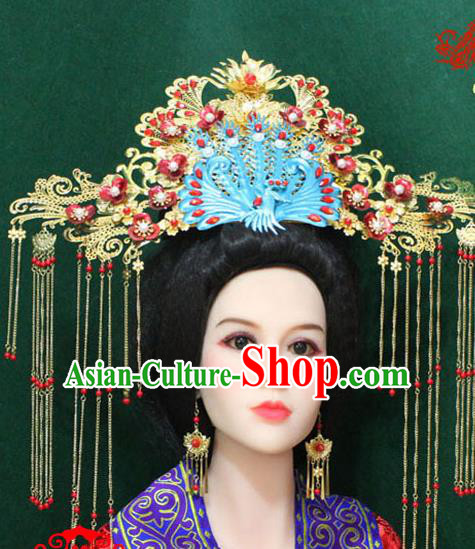 Traditional Handmade Chinese Hair Accessories Tang Dynasty Empress Phoenix Coronet, China Ancient Tassel Hairpins Complete Set for Women