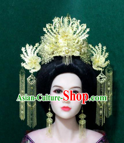 Traditional Handmade Chinese Hair Accessories Tang Dynasty Empress Phoenix Coronet Ancient Tassel Hairpins Headwear for Women