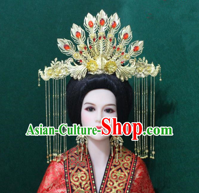 Traditional Handmade Chinese Hair Accessories Tang Dynasty Empress Tassel Phoenix Coronet Royal Queen Hairpins Headwear Complete Set for Women