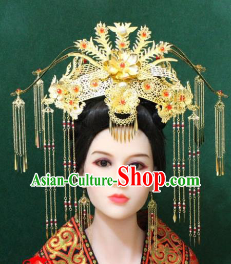 Traditional Handmade Chinese Hair Accessories Tang Dynasty Wedding Phoenix Coronet, Royal Princess Tassel Hairpins Complete Set for Women