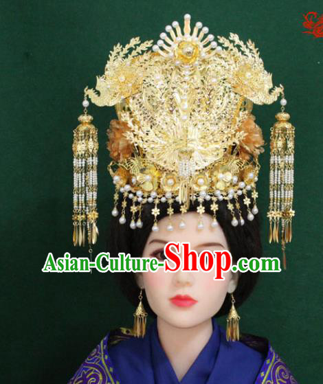 Traditional Handmade Chinese Hair Accessories Hanfu Empress Wedding Phoenix Coronet, Han Dynasty Princess Tassel Hairpins Headwear for Women