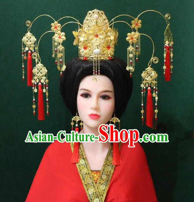 Traditional Handmade Chinese Hair Accessories Hanfu Empress Phoenix Coronet, Tang Dynasty Tassel Hairpins Headwear for Women