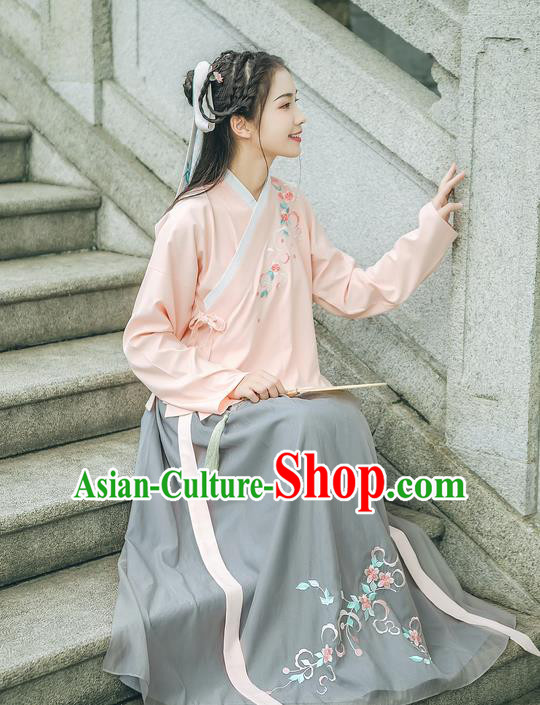 Traditional Chinese Ancient Hanfu Palace Lady Costume, Asian China Ming Dynasty Princess Embroidery Peach Blossom Blouse and Skirts Complete Set