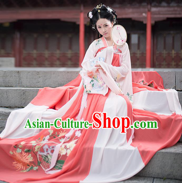 Asian China Ancient Tang Dynasty Hanfu Costume, Traditional Chinese Princess Embroidered Blouse and Skirts Clothing for Women