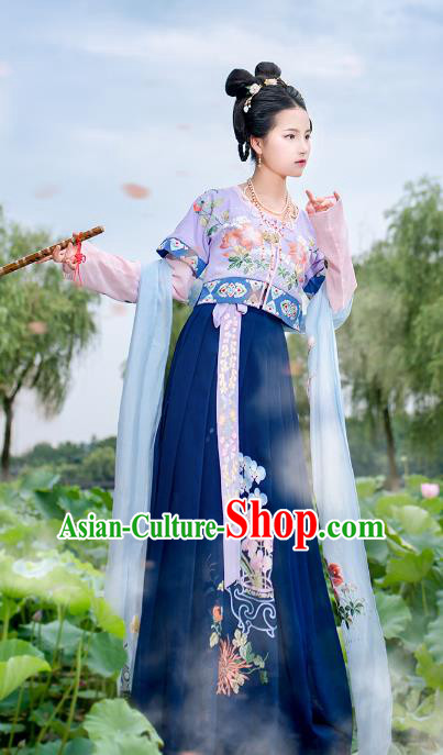 Asian China Ancient Tang Dynasty Costume Purple Half-Sleeves and Slip Skirt Complete Set, Traditional Chinese Princess Embroidered Clothing for Women