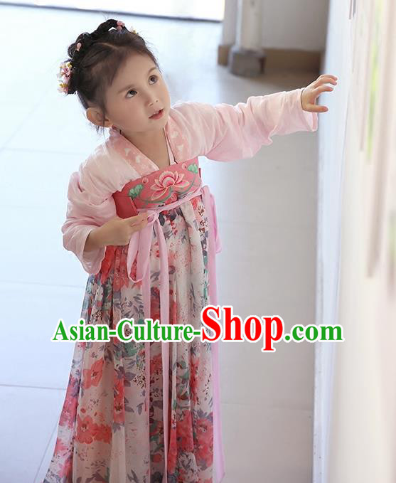 Asian China Ancient Tang Dynasty Children Costume Complete Set, Traditional Chinese Princess Dress Clothing for Kids