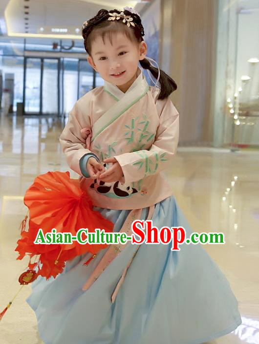 Asian China Ancient Ming Dynasty Children Costume Complete Set, Traditional Chinese Princess Embroidered Bamboo Pink Blouse and Skirts for Kids