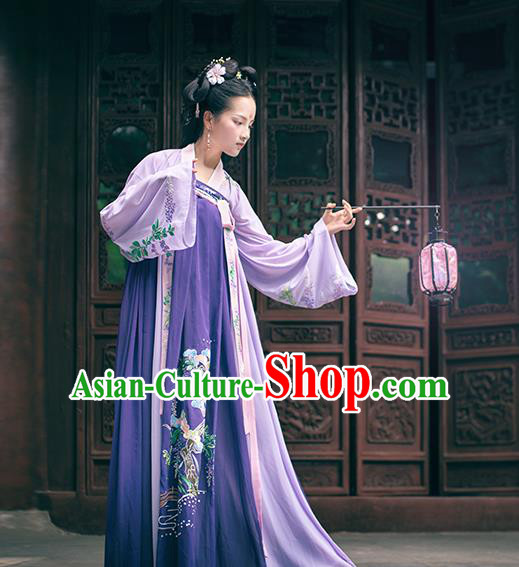 Asian China Ancient Tang Dynasty Palace Lady Costume Complete Set, Traditional Chinese Princess Embroidered Purple Dress for Women