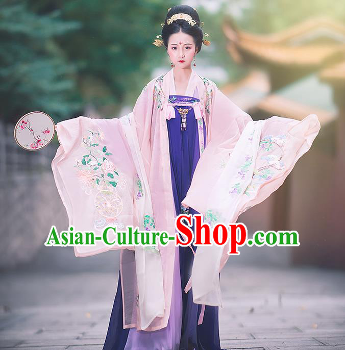 Asian China Ancient Tang Dynasty Palace Lady Costume Light Pink Cloak, Traditional Chinese Princess Embroidered Wide Sleeve Cardigan for Women