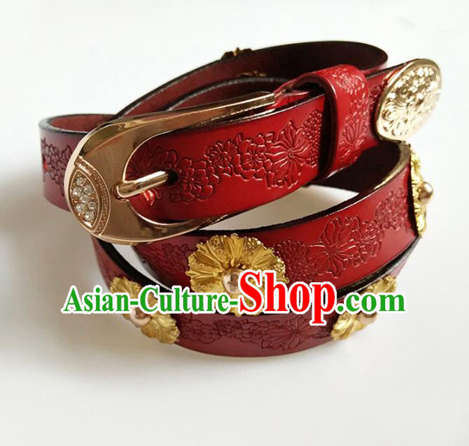 Traditional Handmade Chinese Accessories Tang Dynasty Emperor Belts, China Majesty Red Leather Waistband for Men